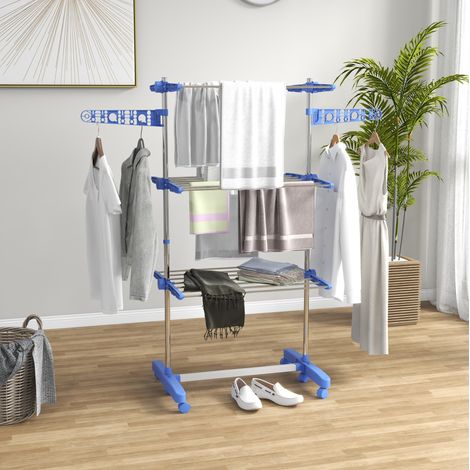 Tendedero de ropa 142x55x152 cm, plegable, 3 niveles, ruedas, estructura de acero azul (1/5)