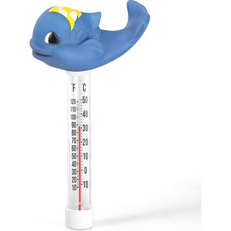 Termómetro para piscina con dibujos de animales, flotador de tiburón azul, accesorios para piscina, medidor de agua (1/5)