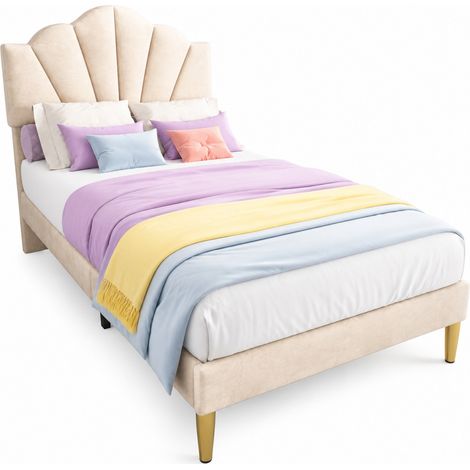 CHICFURN lit rembourré velours beige tête de lit coquillage pieds dorés 90 x 200 cm (1/5)