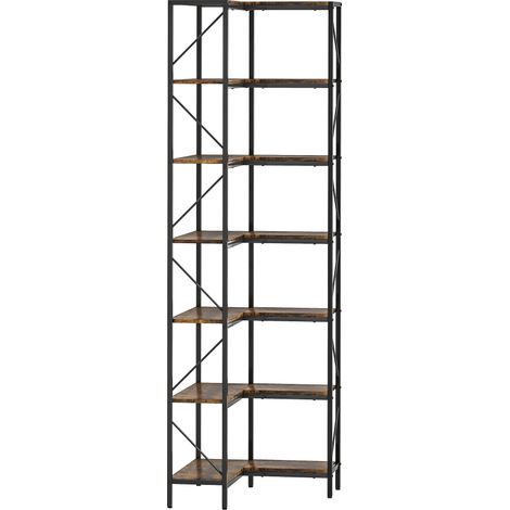 Bibliothèque d'angle industrielle 7 niveaux, étagères de rangement en bois rustique brun, 60x60x198 cm (1/5)