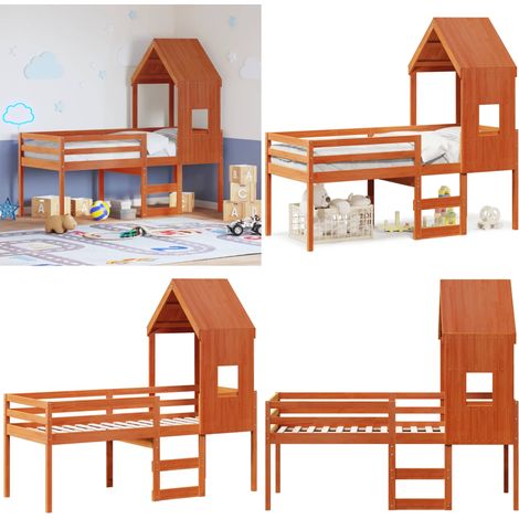 Hochbett mit Dach Wachsbraun 80x200 cm Massivholz Kiefer - Kinderbett - Hochbett - Holzbett - Kiefernholzbett - Jugendzimmer - Home & Living (1/5)
