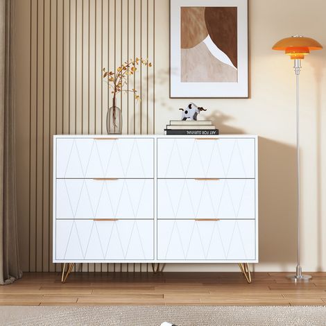 Commode Blanche avec 6 Tiroirs, Buffet avec Poignées et Pieds en Métal, Meuble de Rangement avec Dispositif Anti-Basculement pour Chambre à Coucher, Salon (1/5)