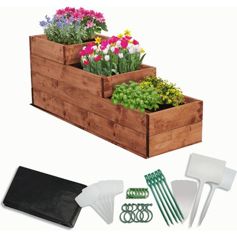 MODO24 Carré potager surélevé en bois, 3 niveaux en cascade, 36x30x93 cm, jardin/terrasse, kit jardinier inclus, brun imprégné