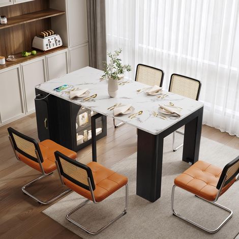 Table Extensible avec Prises USB et Type-C, Îlot de Cuisine Mobile avec Éclairage LED et Plateau Effet Marbre, Meuble de Rangement Multifonctionnel pour Cuisine et Salle à Manger (Noir)