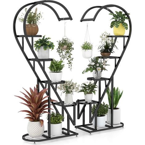 COSTWAY Soporte para Plantas de Metal de 5 Niveles, Estantes Creativos para Plantas con Escalera en Forma de Corazón, para Interiores, Exteriores, Jardín, 71 x 30,5 x 148 cm (Negro) (1/5)