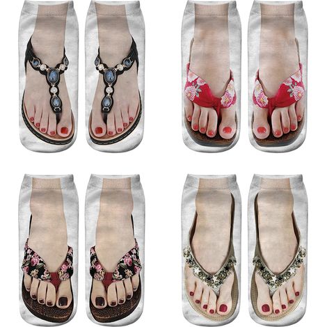 4 Paires de Chaussettes Courtes Drôles à Imprimé Sandales Manucure, Motifs 3D pour Yoga et Running (1/5)