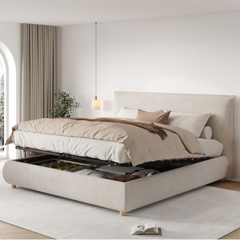 Cama tapizada 180/200 cm crema de terciopelo con canapé hidráulico y somier de láminas (1/5)