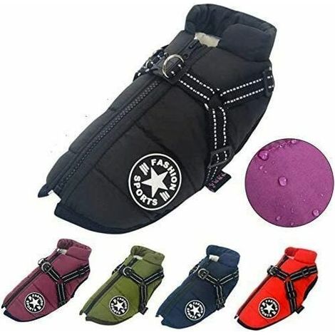 Waterproof Dog Coat with Harness and Reflective Strips - Comfortable and Machine Washable - Black XXL (1/4)