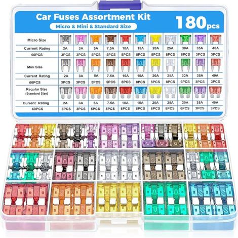 Flaconi 180PCS Fusible Voiture,2A 3A 5A 7.5A 10A 15A 20A 25A 30A 35A 40A Fusibles pour Auto,Fusible Voiture Standard Et Mini,Fusibles Automobile,Convient aux Voitures,Camions,SUV,VTT,UTV et Motos