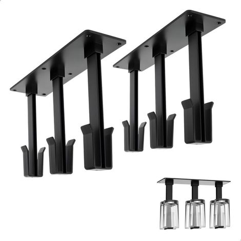 Porte-Tasses, 2 Pièces Porte Tasses Suspendu sous Placard avec 6 Crochets, Amovible Support Tasse de Café Sans Perçage pour Cuisine, Salle à Manger, Café, Bar (Noir)