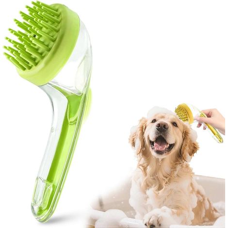 Brosse de bain 5 en 1 pour animaux, distributeur shampoing, manche acier, silicone amélioré, verte, pour poils durs, chien (1/5)