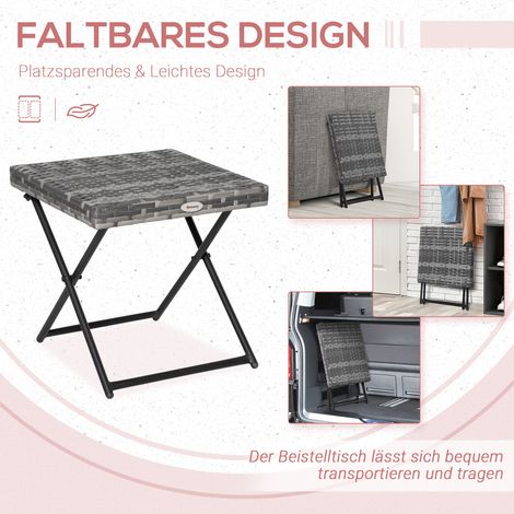 Table pliante en polyrotin grise 40x40x40 cm, table basse plateau pour balcon, jardin, terrasse, canapé ou salon de thé
