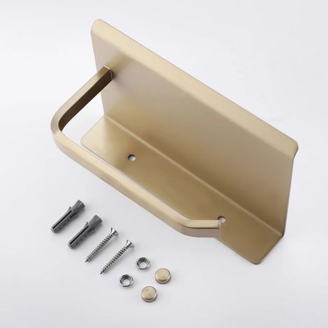 Porte-papier toilette mural multifonction (doré brossé) avec support pour téléphone et serviettes. Accessoires inclus. (1/5)