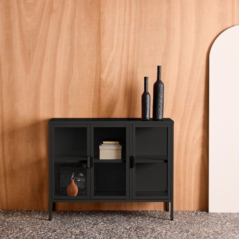 Buffet industriel métal et verre trempé 3 portes 100cm noir - Arkansas