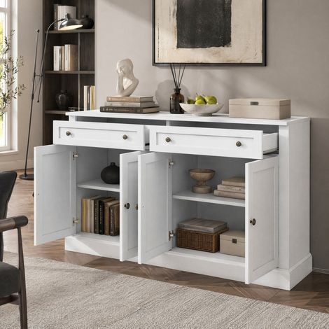 Credenza HAVRYA a 4 ante e 2 cassetti, 150 x 40 x 86 cm, bianco antico (1/5)