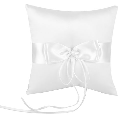 Oreiller Porte-Alliances Mariage Satin Blanc avec Nœud Papillon et Perles Simulées 15x15 cm