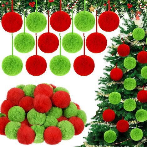 12 pcs Ornements de Noël Déco Polyvalente Anti-Casse Doux pour Sapin,Mariage & Anniversaire Pompons en Peluche Rouge et Vert (1/5)