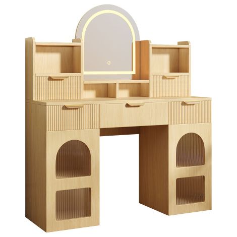 Coiffeuse LED 120cm 3 tiroirs vitrines étagères rangement chambre bois