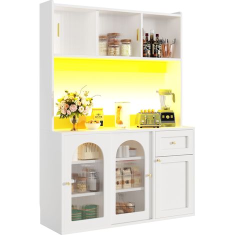 Aparador de Cocina Alto con Puertas Correderas de Cristal, Cajones, Estantes Ajustables y LED, MDF, 120x35x167 cm (1/5)