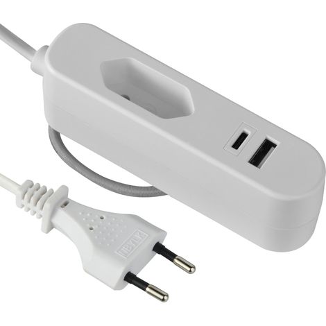 Prolunga Elettrica Portatile/Adattatore da Viaggio (Europlug Tipo C) / Caricatore Portatile con 2 USB 3.4A (1 USB tipo A + 1 USB tipo C), Cavo 1.5M
