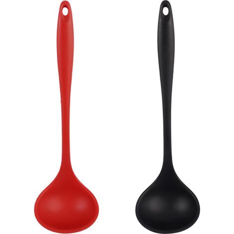 2 Pièces Louche à Soupe en Silicone, Grande Cuillère de Service Profonde, Long Manche Louche de Soupe Silicone, Résistance à Chaleur, avec Trou de Suspension, pour Tous Remuer, Cuisine (Noir, Rouge) (1/5)