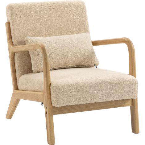 Fauteuil Moorwick lounge bois hévéa effet laine bouclée beige confort cosy salon (1/5)