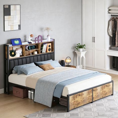 Cama Doble 140x200 - POCKETPOP - con LED y USB - 2 Cajones - Cabecero Tapizado con Almacenamiento - PU - Negro
