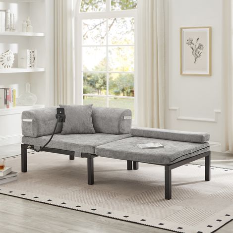 Canapé convertible de terciopelo gris claro con cama extraíble individual y estructura de madera maciza (1/5)