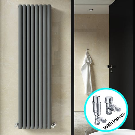 ELEGANT Central Heating Radiator 1800 x 472mm Vertical Anthracite Double Panel Oval Column Rad + Chrome Thermostatic Radiator Valves (1/5)