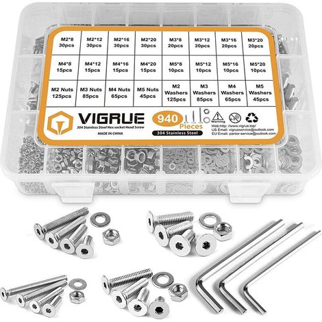 940Pièces M2 M3 M4 M5 304 en Acier inoxydable à tête plate avec Ecrous et Rondelles Visserie Vis avec Boîte de Rangement, (1/5)