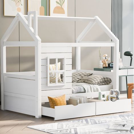 Lit avec tiroirs 80x160 en pin massif blanc HAVRYA (1/5)