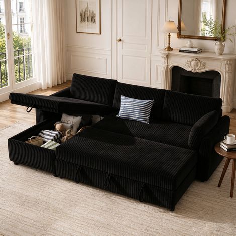 Canapé lit convertible avec coffre de rangement, canapé d'angle noir extensible en forme de L (4 places) avec méridienne, idéal pour salon et appartement (1/5)