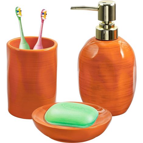 Lot de 3 accessoires de salle de bain orange et doré, porte-brosse à dents, distributeur de lotion, porte-savon, bel ensemble de salle de bain, organisateur de coiffeuse, également pour décoration et (1/5)