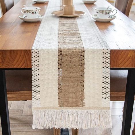 Tovaglietta in Cotone, Stile Boho all'Uncinetto Color Cachi, Moderna con Frange a Righe, per Decorazione da Tavolo di San Valentino, Compleanno, Matrimonio e Natale, 30 × 180 cm (Cachi) (1/4)