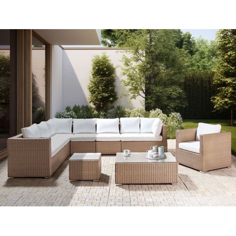 Conjunto de jardín 9 plazas de ratán sintético con sofá cojines blancos beige arena XXL (1/5)