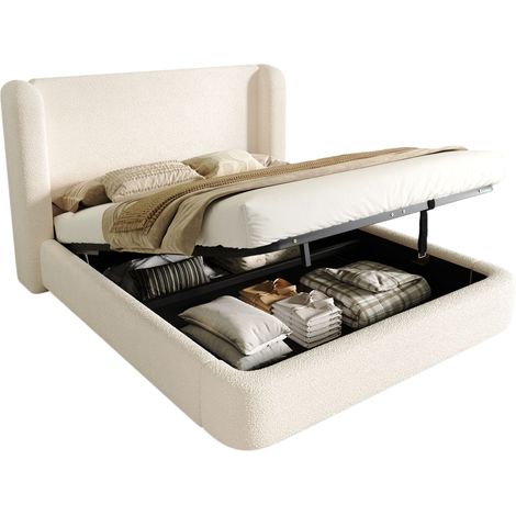 Lit rembourré, lit double, lit fonctionnel hydraulique, lit avec sommier à lattes, tête de lit et grand espace de rangement, tête de lit rembourrée, beige bouclé, 160 x 200 (1/5)