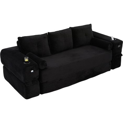 Divano letto 3 posti in corduroy nero con schiuma ad alta densità e molle, MODENUIT (1/5)