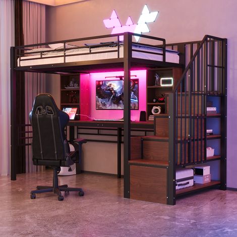 Lit mezzanine métal 90x200 avec bureau LED prise européenne escalier rangement montage gauche droite noir