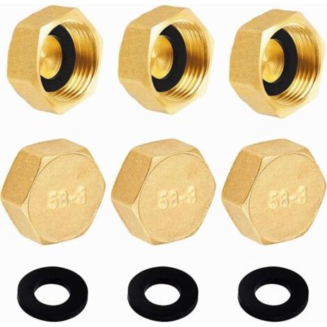 Bouchons laiton brut femelle 15/21 (1/2') – Lot de 6 bouchons avec joints en caoutchouc – Étanchéité pour tuyaux et robinets (1/5)