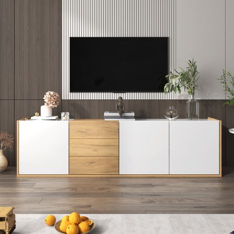 Meuble TV 171,5x35x47 cm en MDF blanc et bois, rangements intégrés, pour petit salon – MEUBLIV (1/5)