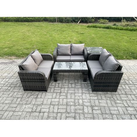 Fimous Rattan Garden Furniture Set 6 Seater Indoor Outdoor Patio Sofa Set with Coffee Table Loveseat Sofa Side Table Dark Grey Mixed (1/5)