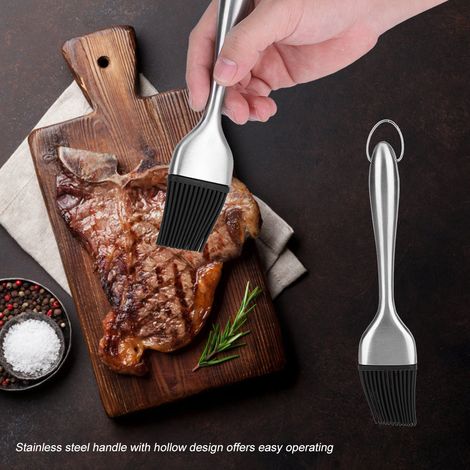 Pinceau de cuisine silicone inox 20 cm, pinceau à marinade barbecue, outil de rôtissage, tête souple, manche acier, résistant à la chaleur (1/5)