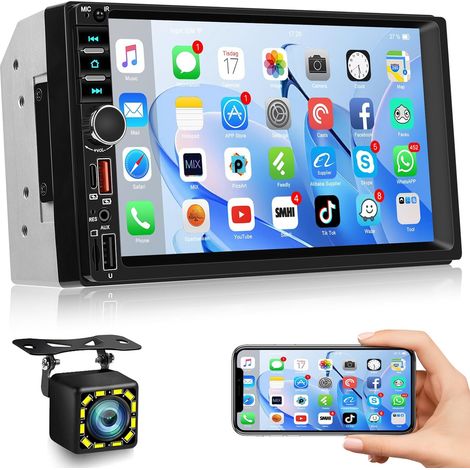 Autoradio 2 Din Bluetooth avec écran Tactile 7 Pouces, autoradio Mirror Link avec caméra de recul FM EQ Commandes au Volant Double Port USB Carte TF Type-C AUX Éclairage 7 Couleurs (1/5)