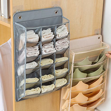 Sacs de rangement muraux en tissu gris pour chaussettes, soutiens-gorge et sous-vêtements, sans perçage, pour dortoirs, armoires et autres boîtes/sacs de rangement. (1/5)