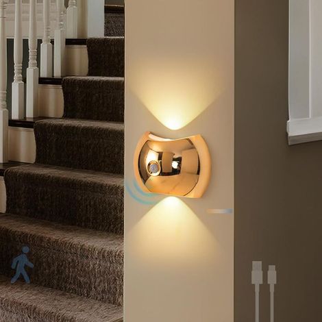 (Or,1 Pièce)LED Applique Murale Intérieure avec Détecteur de Mouvement Lampe Murale 2700K/4500K/6500K Dimmable Luminaire Mural USB Rechargeable Éclairage Mural pour Salon Chambre à Coucher