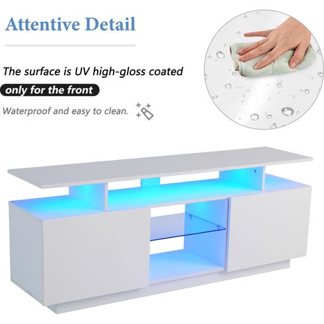 Meuble TV blanc avec éclairage LED 16 couleurs, 1,4 m - Armoire de rangement élégante pour téléviseur 60 pouces, bande lumineuse multicolore, portes brillantes et étagères en verre (1/5)