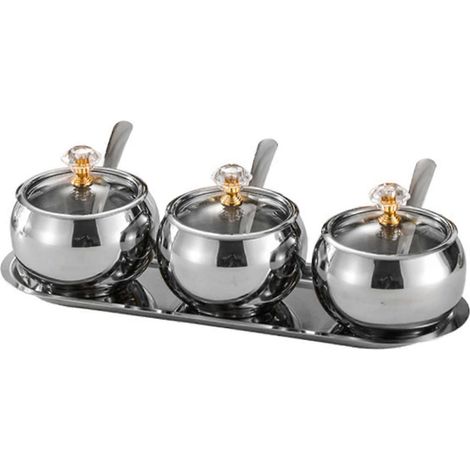 Ensemble de 3 pots à épices élégants avec couvercle et cuillères de service, en acier inoxydable, peu encombrant. (1/5)
