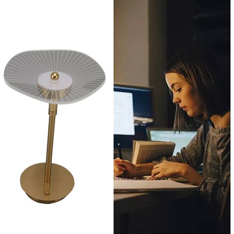 Lampe de table feuille de lotus, style intemporel, veilleuse chaleureuse, lampe d'ambiance créative en acrylique transparent et métal, éclairage d'extérieur pour chambre, couleur cuivre naturel. (1/5)