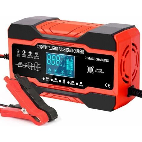 Chargeur de batterie de voiture 10Amp, chargeur automatique de batterie 12V/24V avec 7 niveaux de charge et écran LCD, charge, répare et entretient intelligemment les batteries AGM, WET et GEL. (1/5)