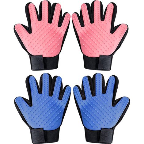 SHINING HOUSE Pares de guantes de aseo para gatos, cepillo para guantes para mascotas, guante de aseo para zurdos y diestros para pelo corto y largo, azul claro/rojo, 4 piezas (1/5)